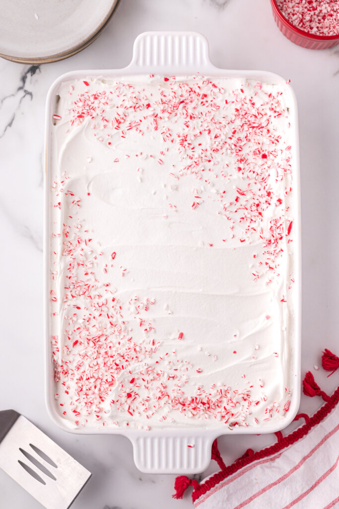peppermint pieces on top of the cake