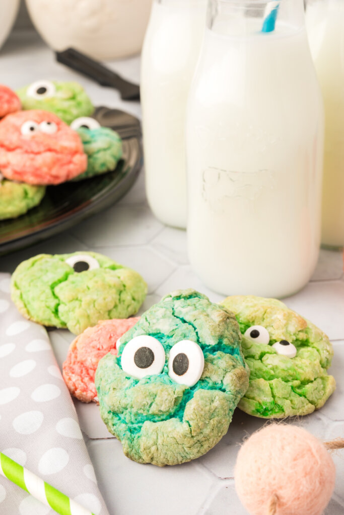 monster eye cookies next to milk bottles