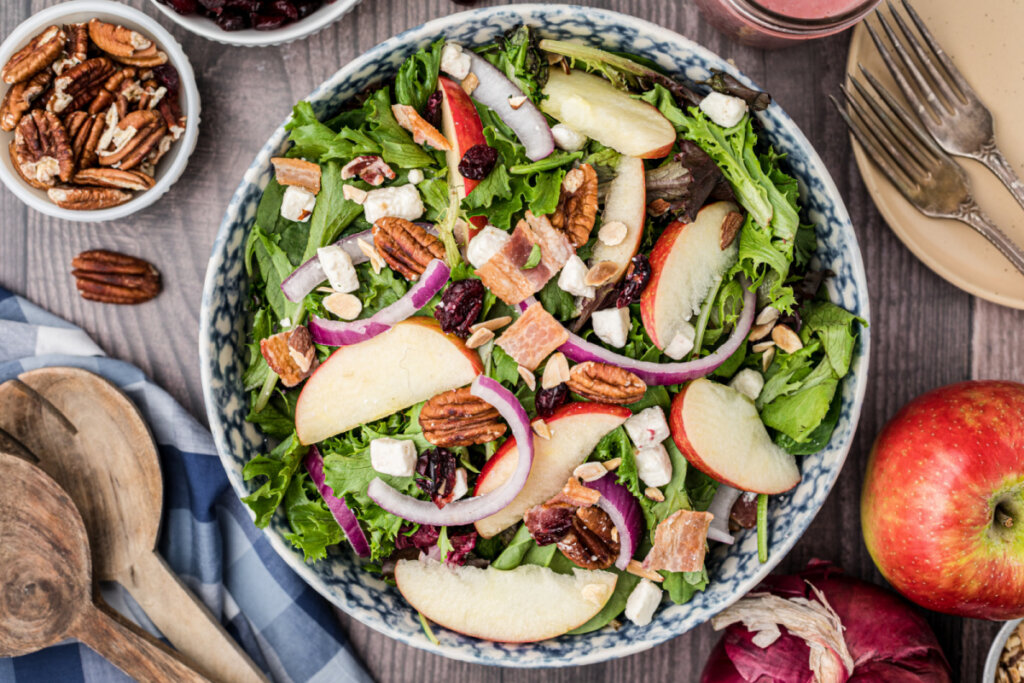 looking down into a bowl of thanksgiving salad