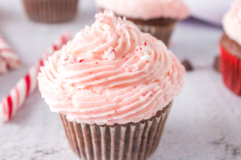 chocolate cupcake with peppermint candy cane frosting