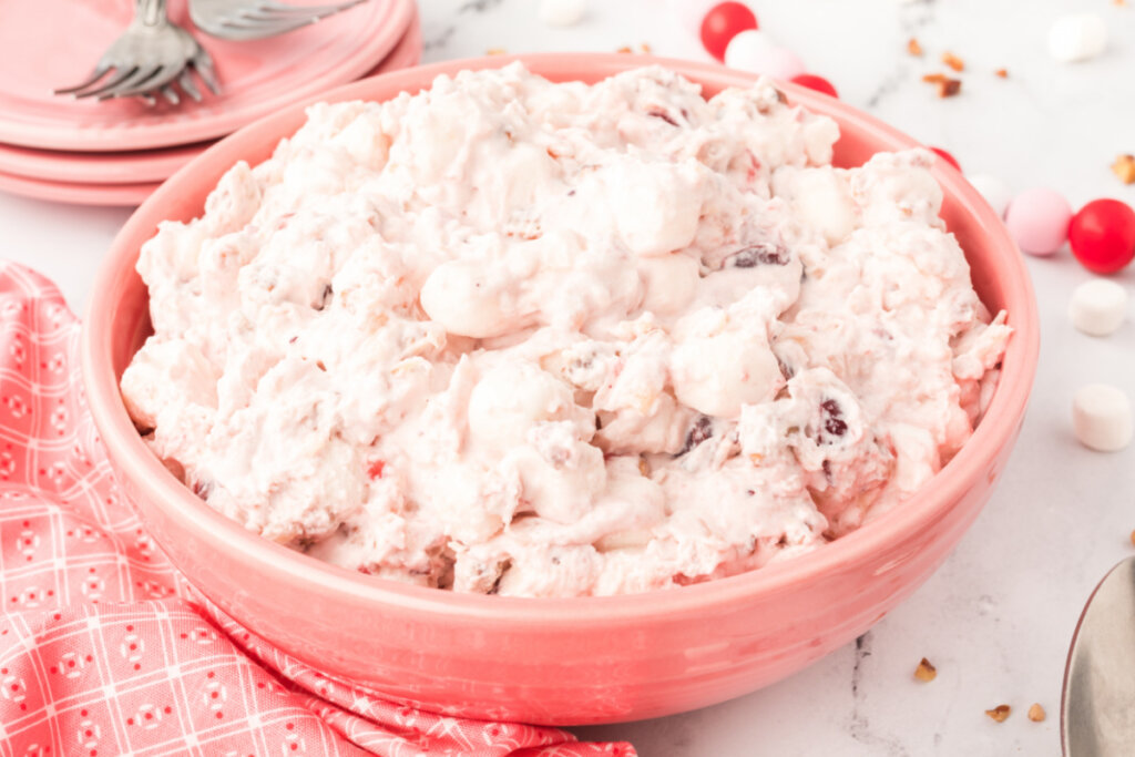 pink bowl with cranberry fluff salad