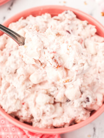 cranberry fluff salad in pink bowl
