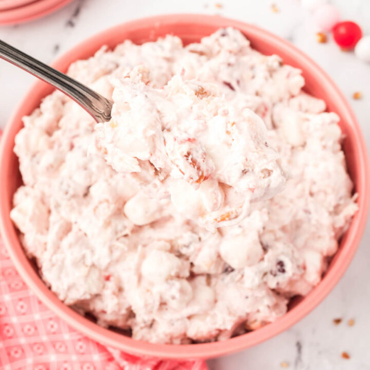cranberry fluff salad in pink bowl