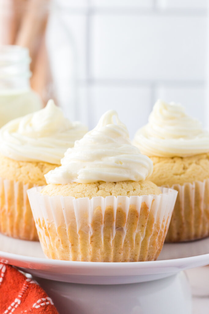 frosted eggnog cupcake in paper liner