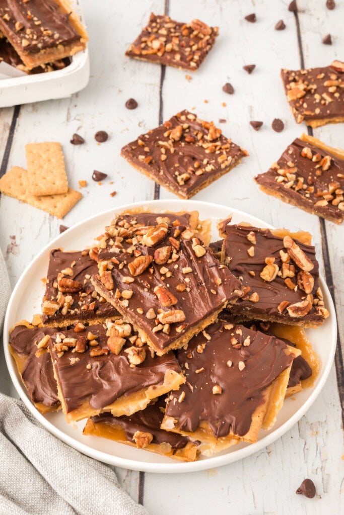 graham cracker toffee stacked on plate