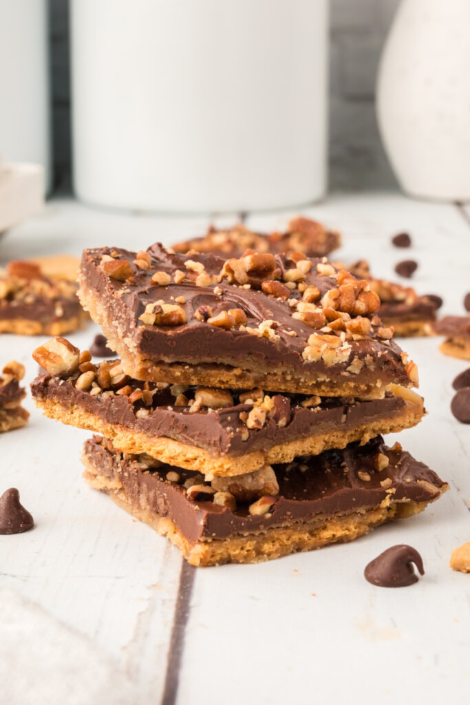 three pieces of graham cracker toffee stacked