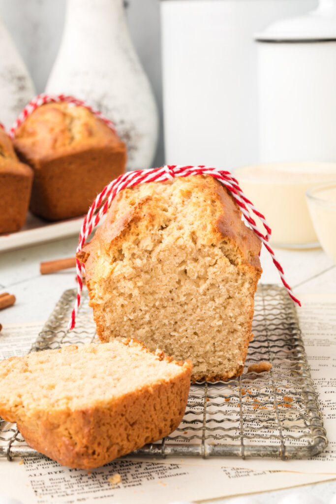 holiday eggnog bread with end sliced off