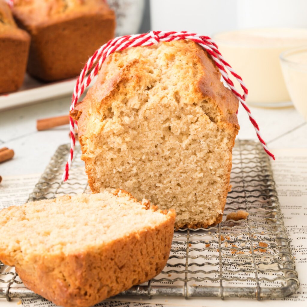 slice cut from holiday eggnog bread