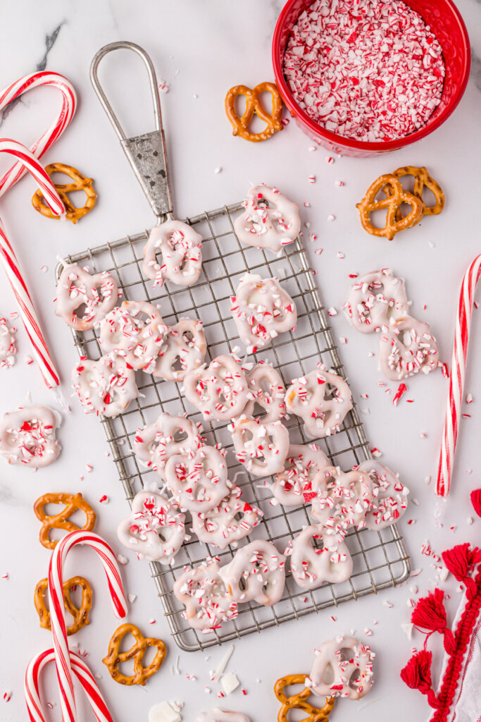 Candy Cane Peppermint Pretzels on small cooling rack