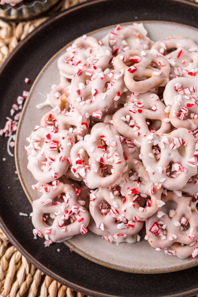 closeup of Candy Cane Peppermint Pretzels on plate