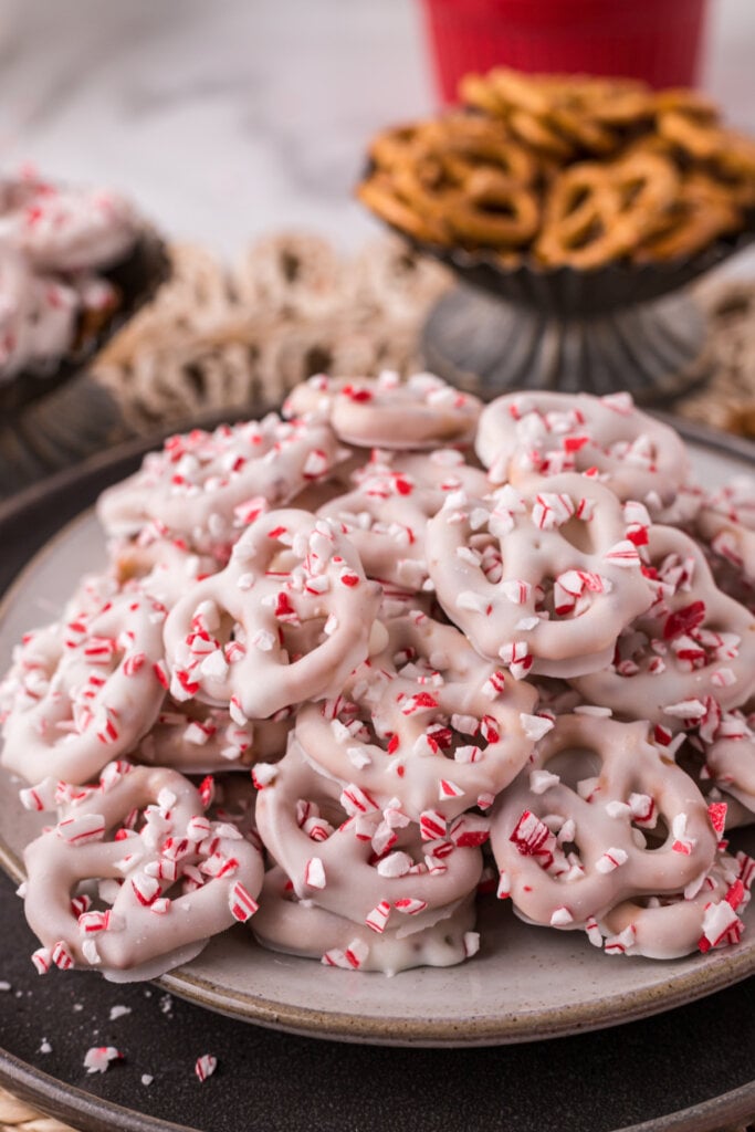 chocolate-covered Candy Cane Peppermint Pretzels on plate