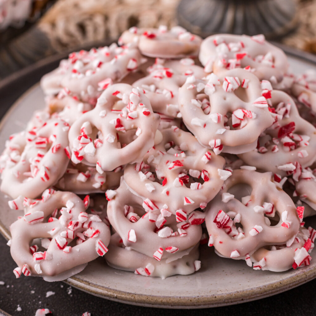 candy cane pretzels on plate