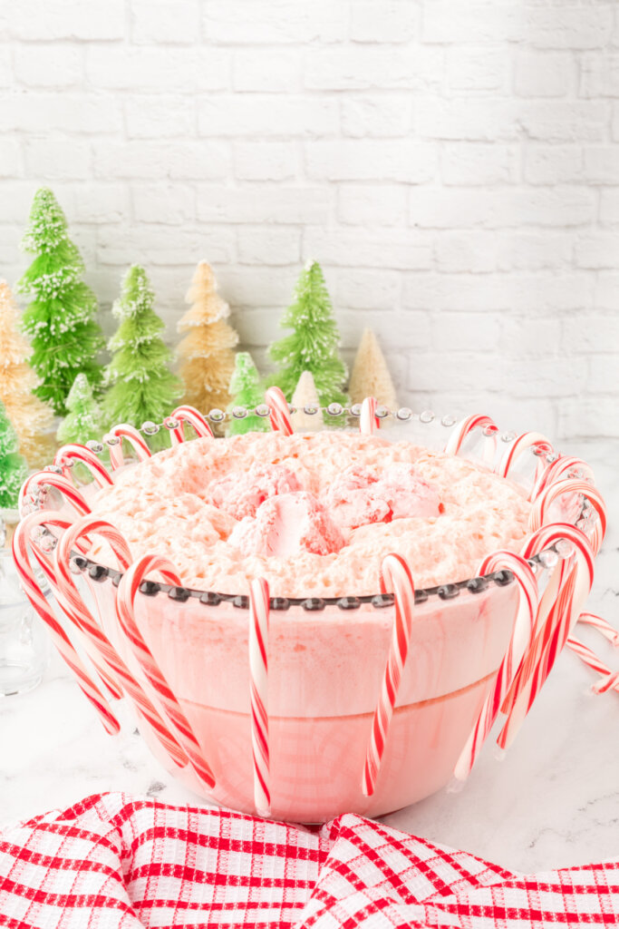 punch bowl filled with peppermint eggnog punch with candy canes arranged along the rim