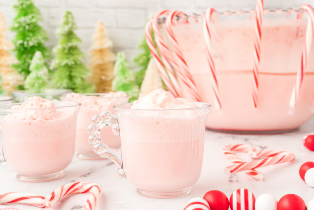peppermint eggnog punch is glasses ready to serve