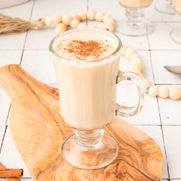 single serving of hot buttered rum in clear glass