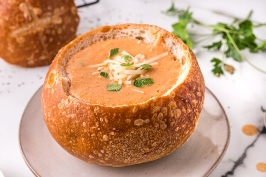 soup in a bread bowl