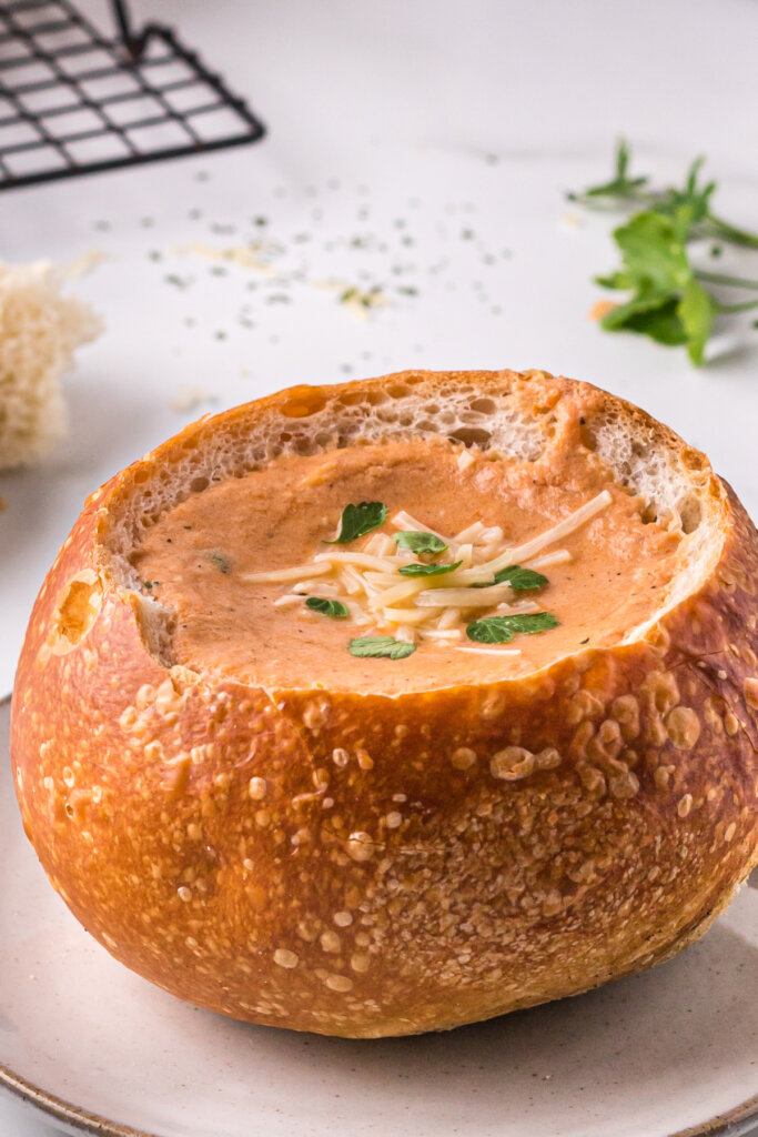 bread bowl filled with tomato soup