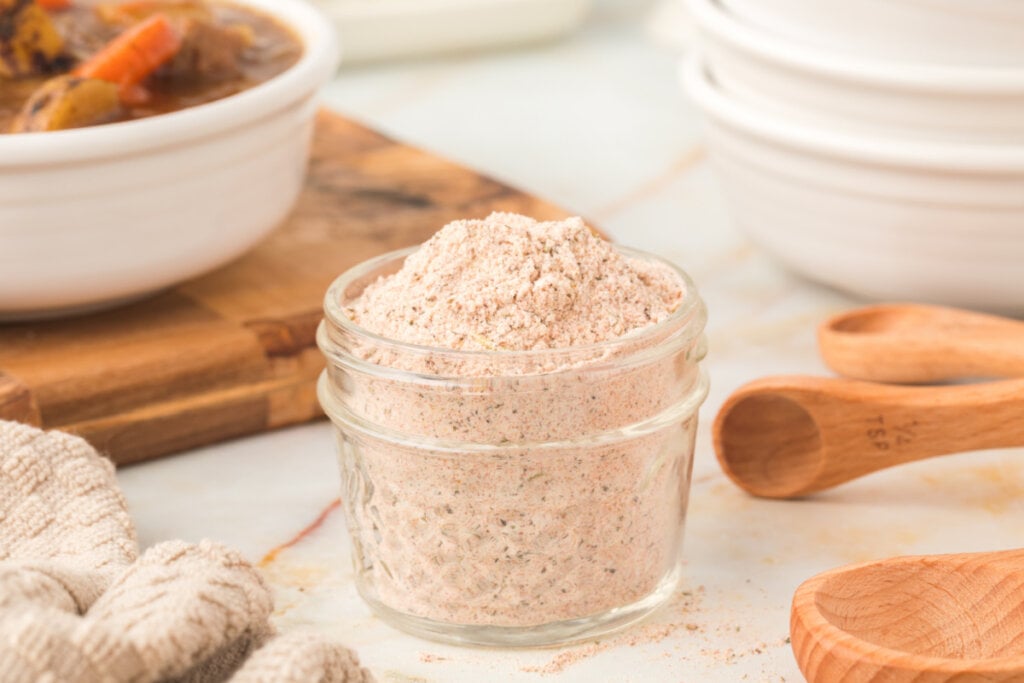 homemade beef stew seasoning in glass jar