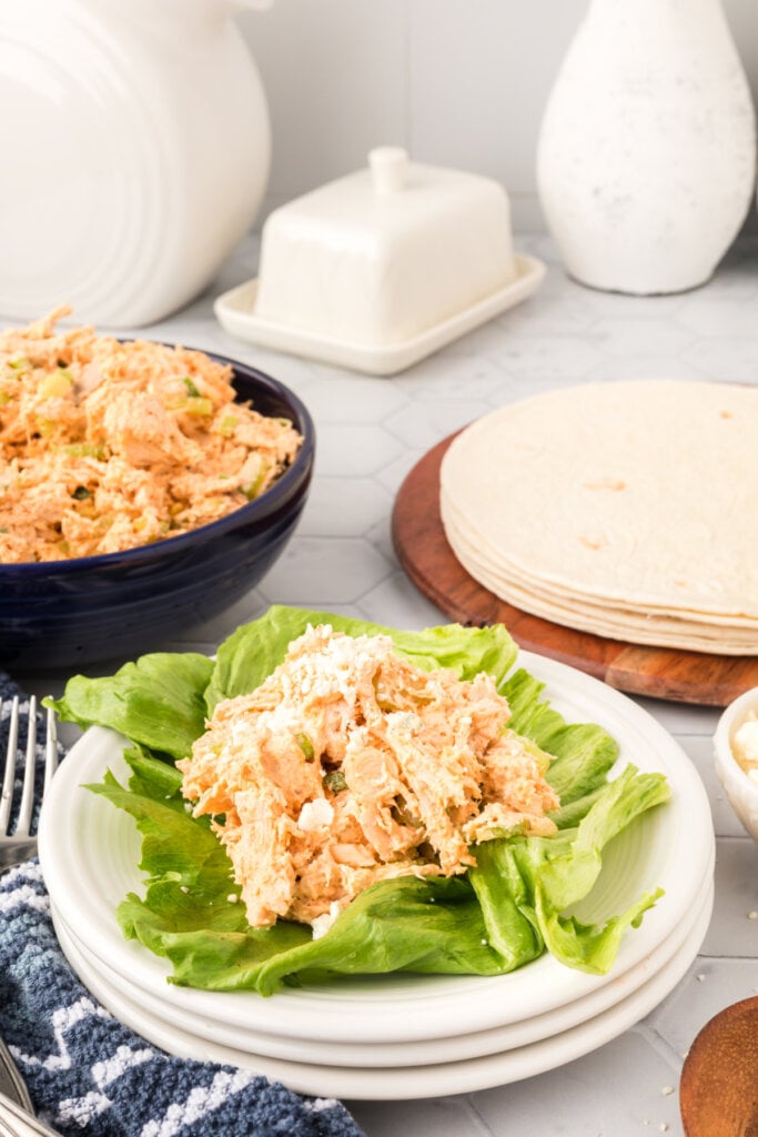 buffalo chicken salad on bed of lettuce