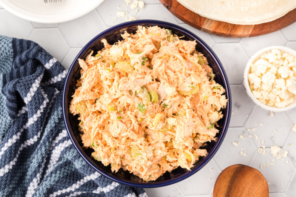 looking down onto buffalo chicken salad in bowl