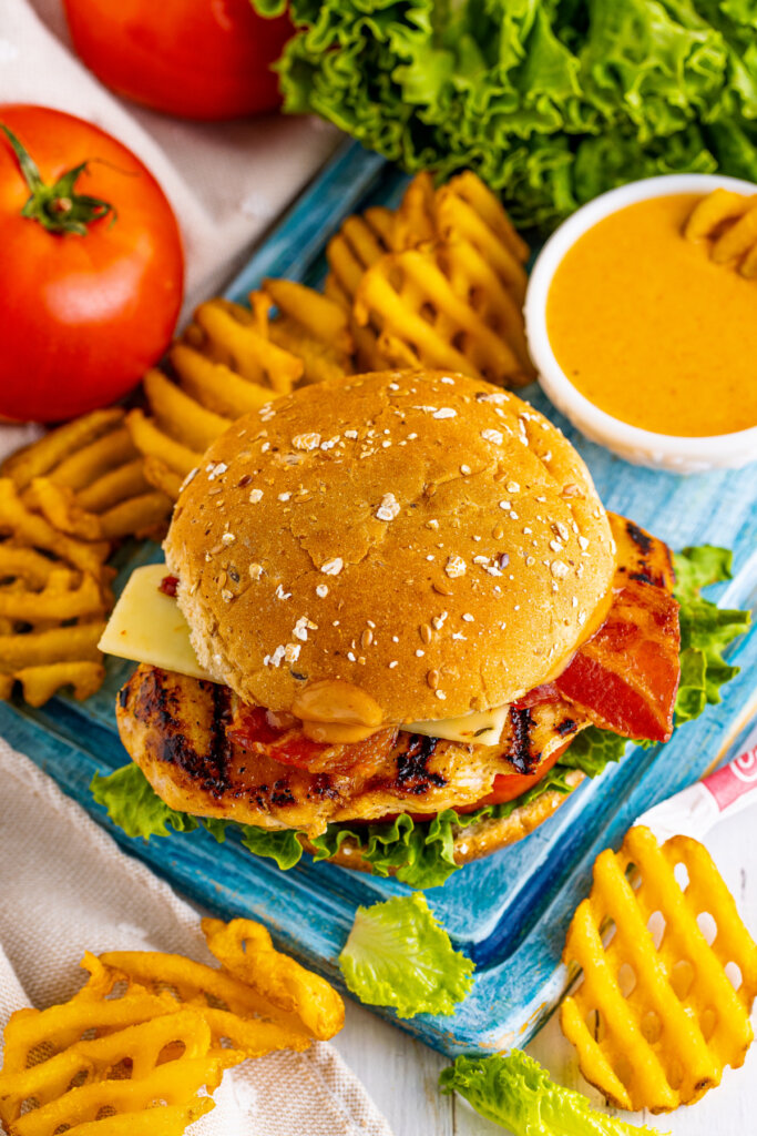 looking down onto a copycat grilled chicken club sandwich