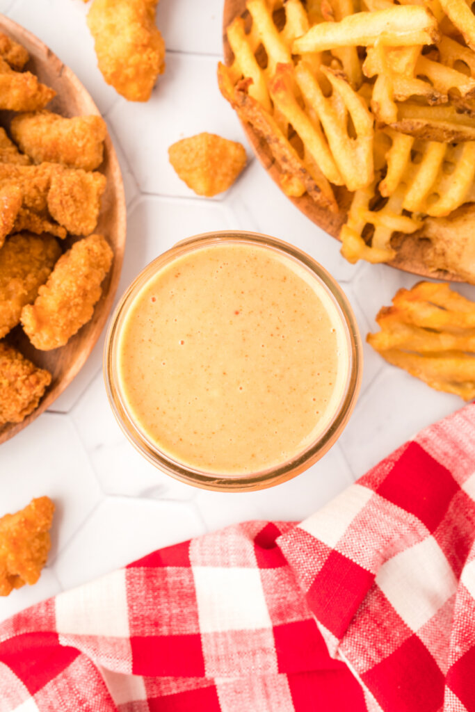 looking down into a small bowl with honey roasted bbq sauce