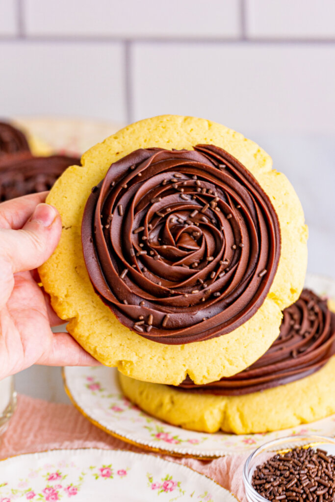 hand holding copycat crumbl chocolate cupcake cookie