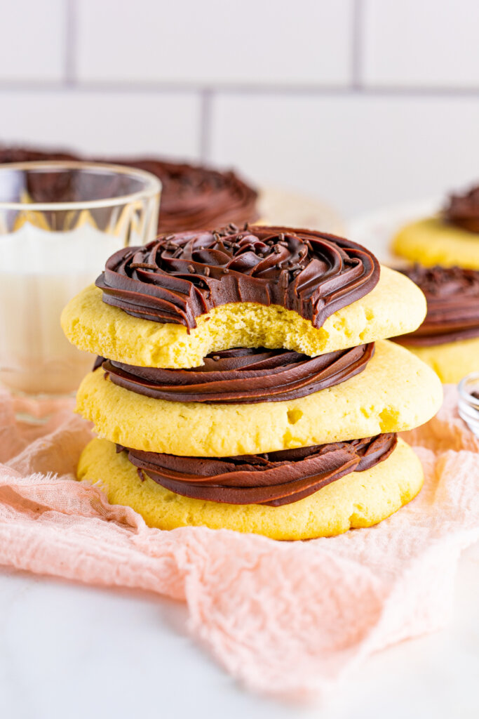 three copycat crumbl chocolate cupcake cookies stacked