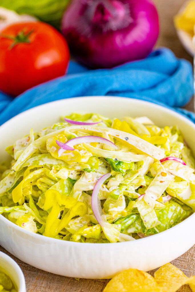 grinder salad in white bowl