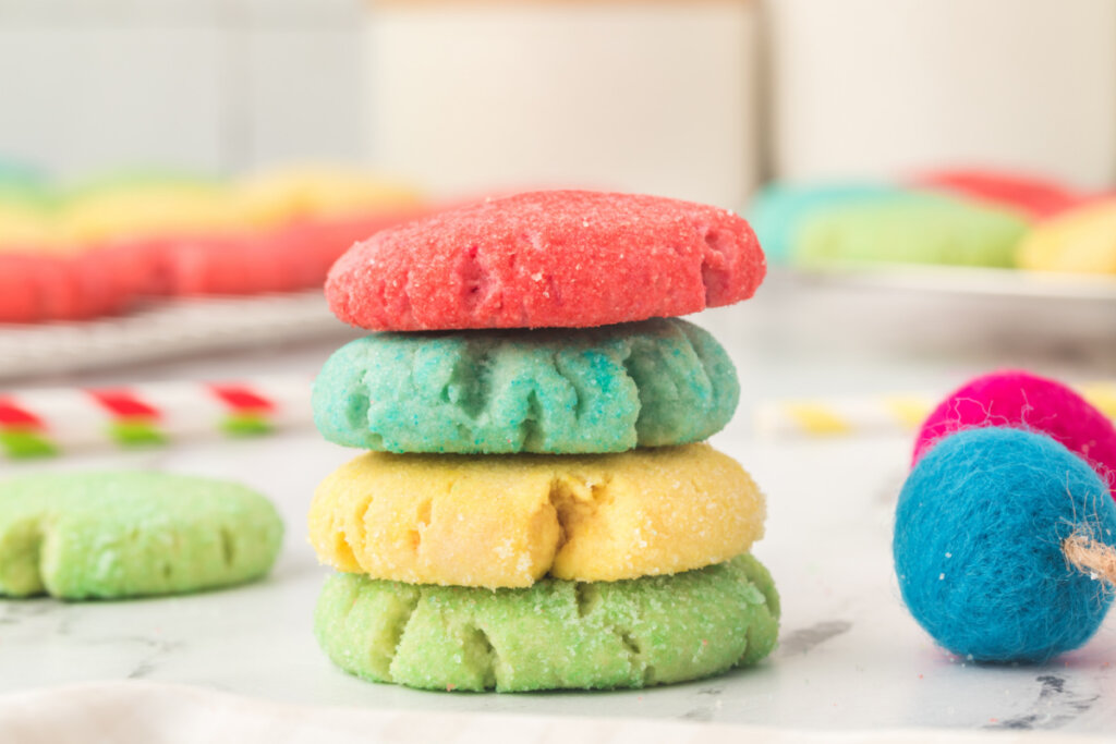 red, blue, yellow, and green jello cookie stacked