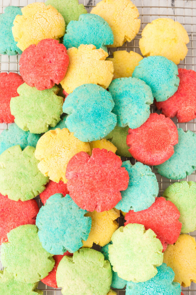 looking down onto different colors of jello cookies