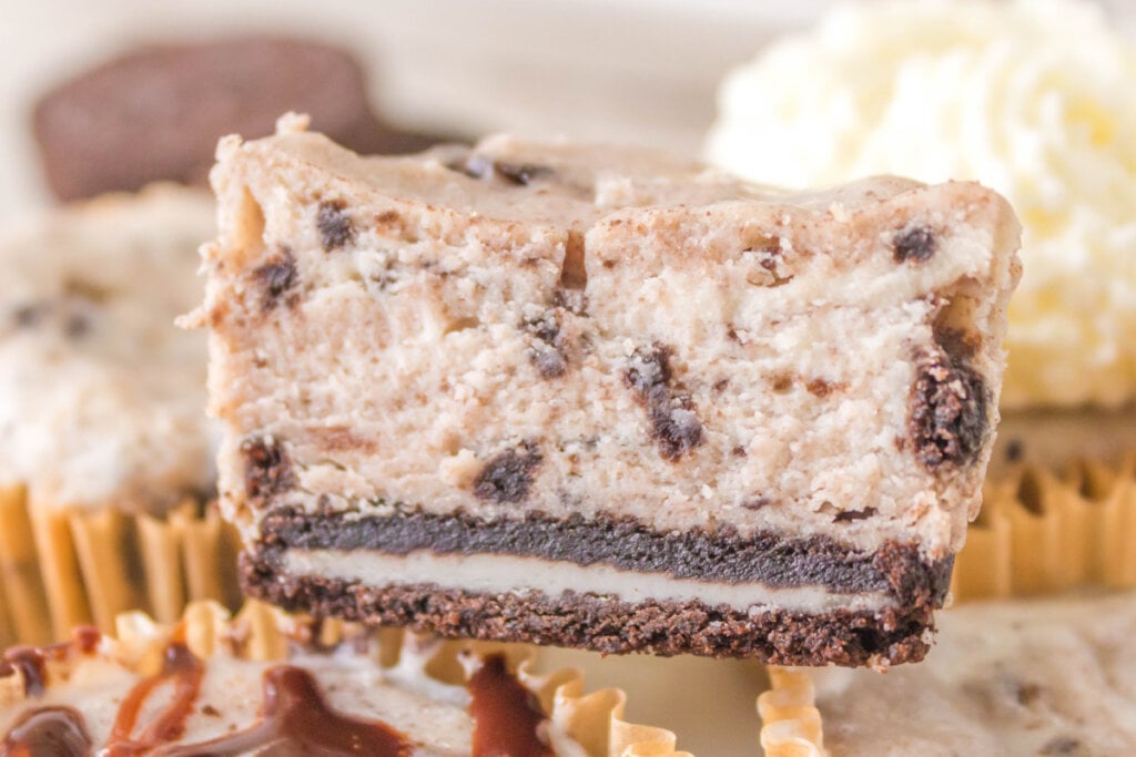 closeup showing inside of oreo cheesecake cupcakes
