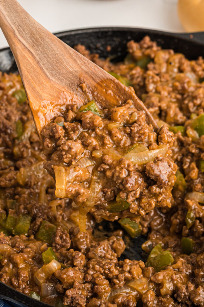 philly cheesesteak sloppy joe meat mixture in skillet