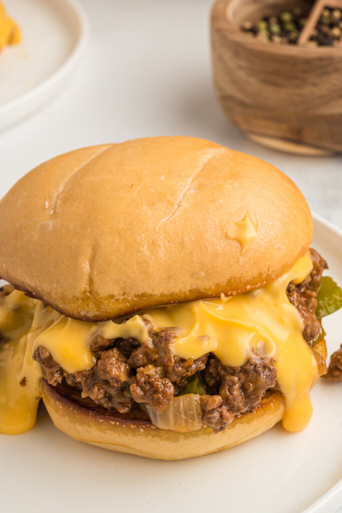 closeup of philly cheesesteak sloppy joe on plate