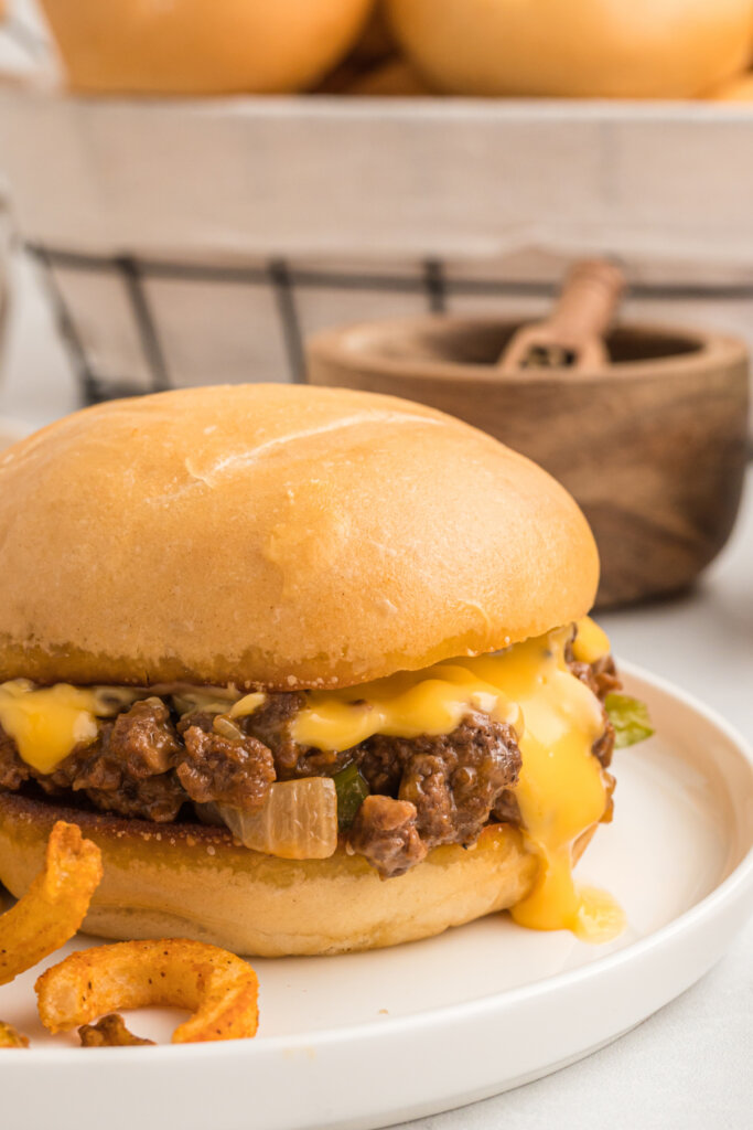 philly cheesesteak sloppy joe sandwich on plate