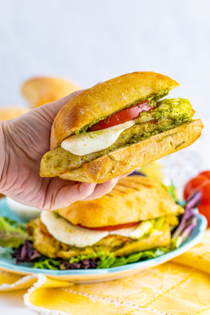 hand holding toasted pesto chicken sandwich