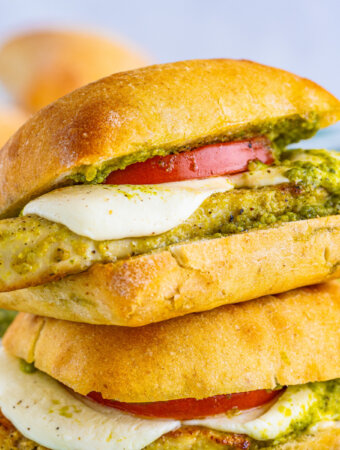 closeup toasted pesto chicken sandwich stacked