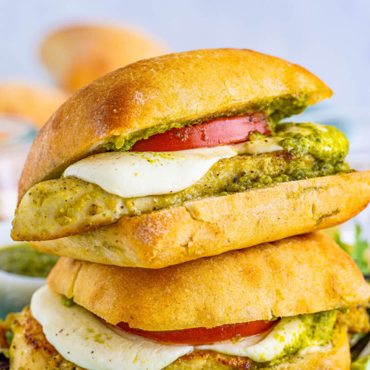 closeup toasted pesto chicken sandwich stacked