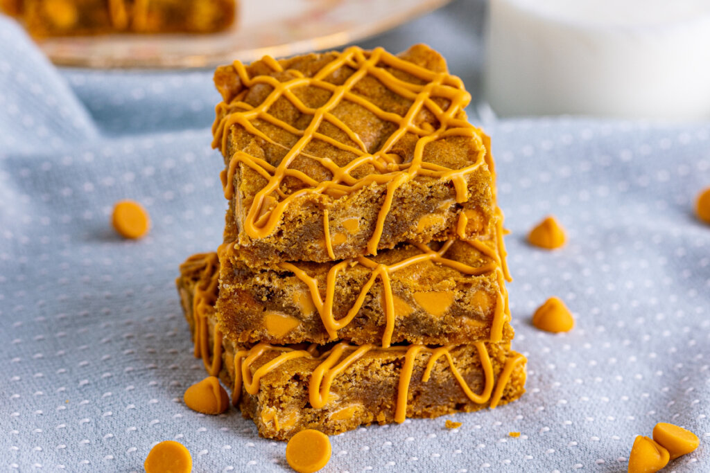 three butterscotch blondies stacked