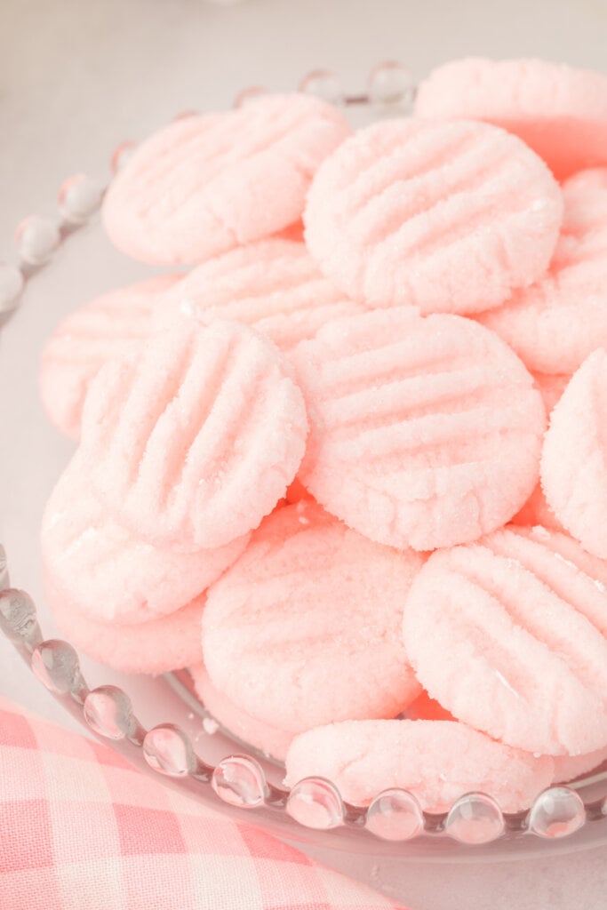 pink cream cheese mints in glass bowl