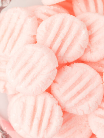 closeup of pink cream cheese mints