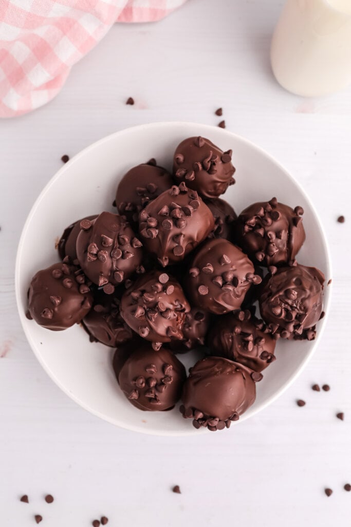 looking down into a bowl of no bake brownie bites