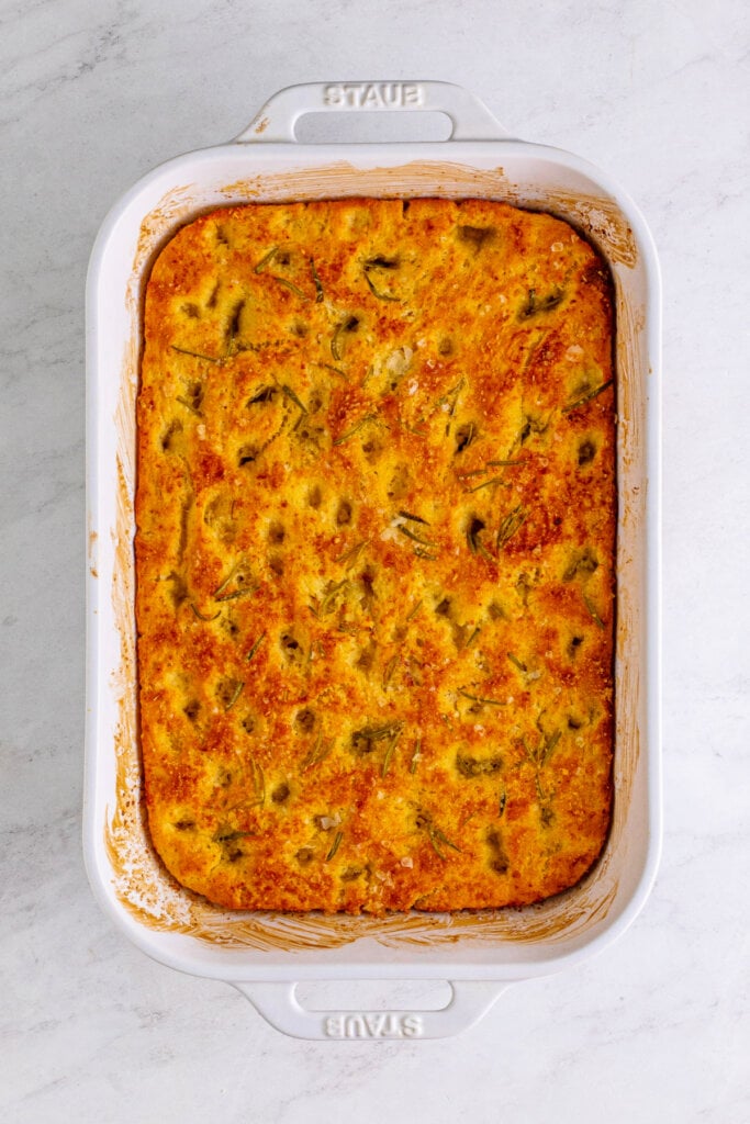 baked rosemary focaccia bread in pan