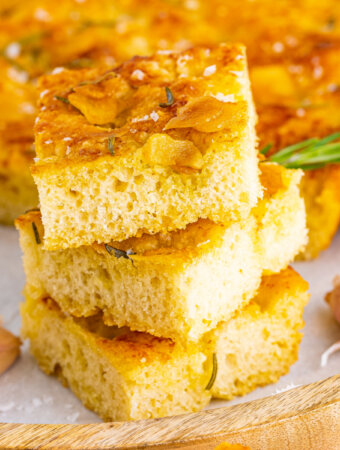 three slices of rosemary focaccia stacked
