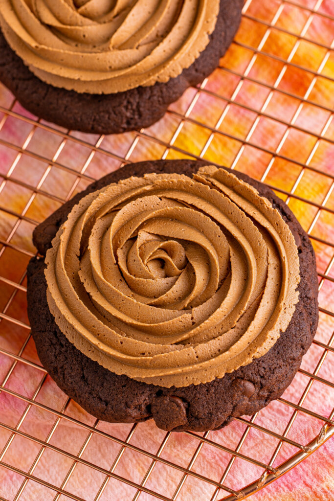 looking down onto a frosted chocolate cookie