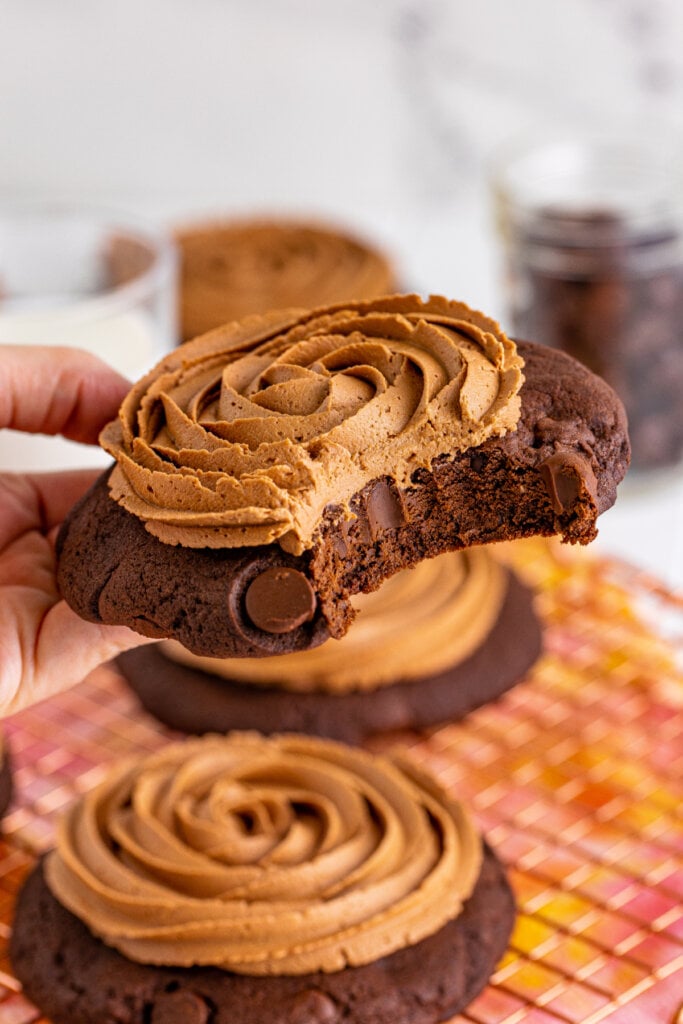 hand holding a copycat crumbl chocolate cake cookie