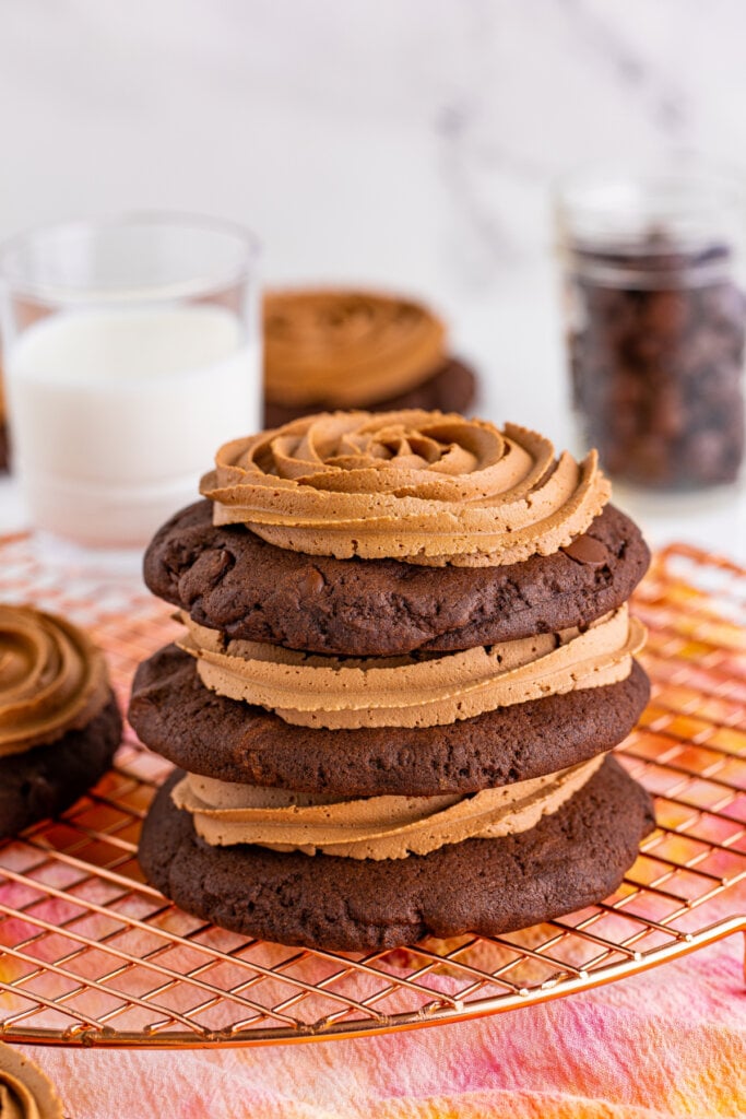 three stacked copycat crumbl chocolate cake cookies