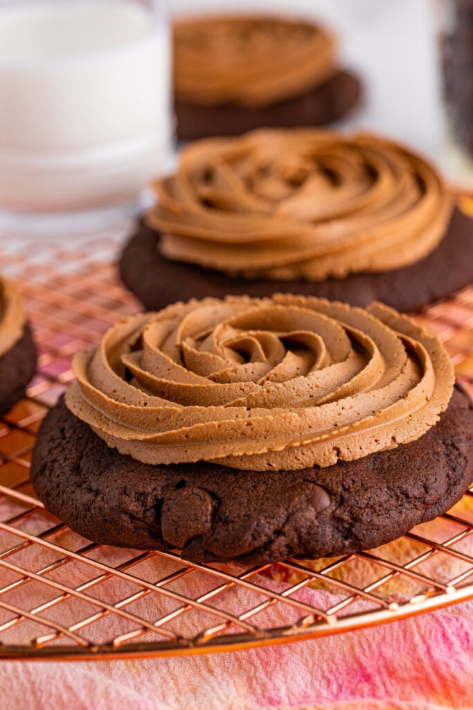 copycat crumbl chocolate cake cookies on cooling rack