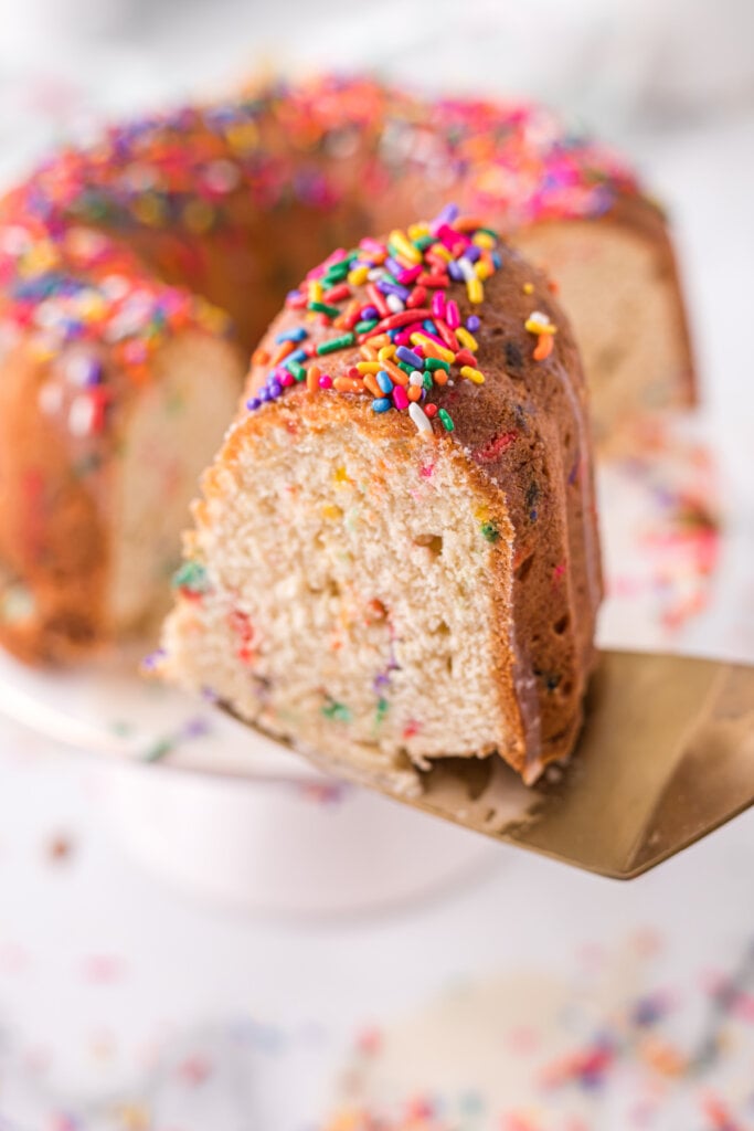 slice of cake on spatula ready to serve