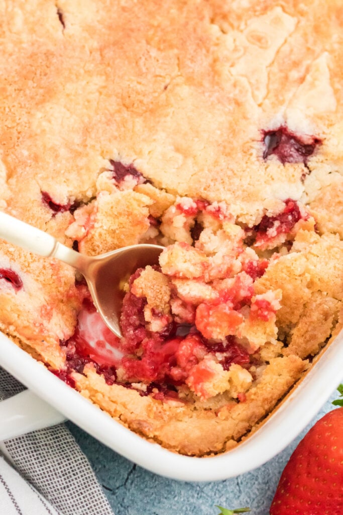 strawberry dump cake in casserole pan